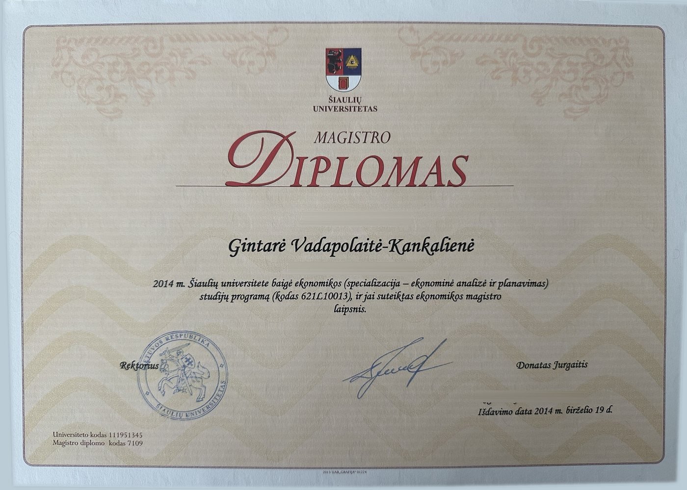 Ekonomikos magistro diplomas, Šiaulių universitetas, 2014 m.