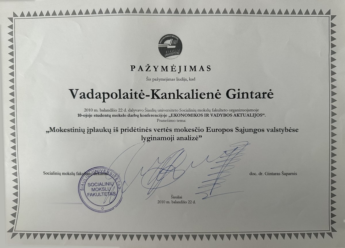 Konferencijos pranešėjos pažymėjimas, 2010 m.