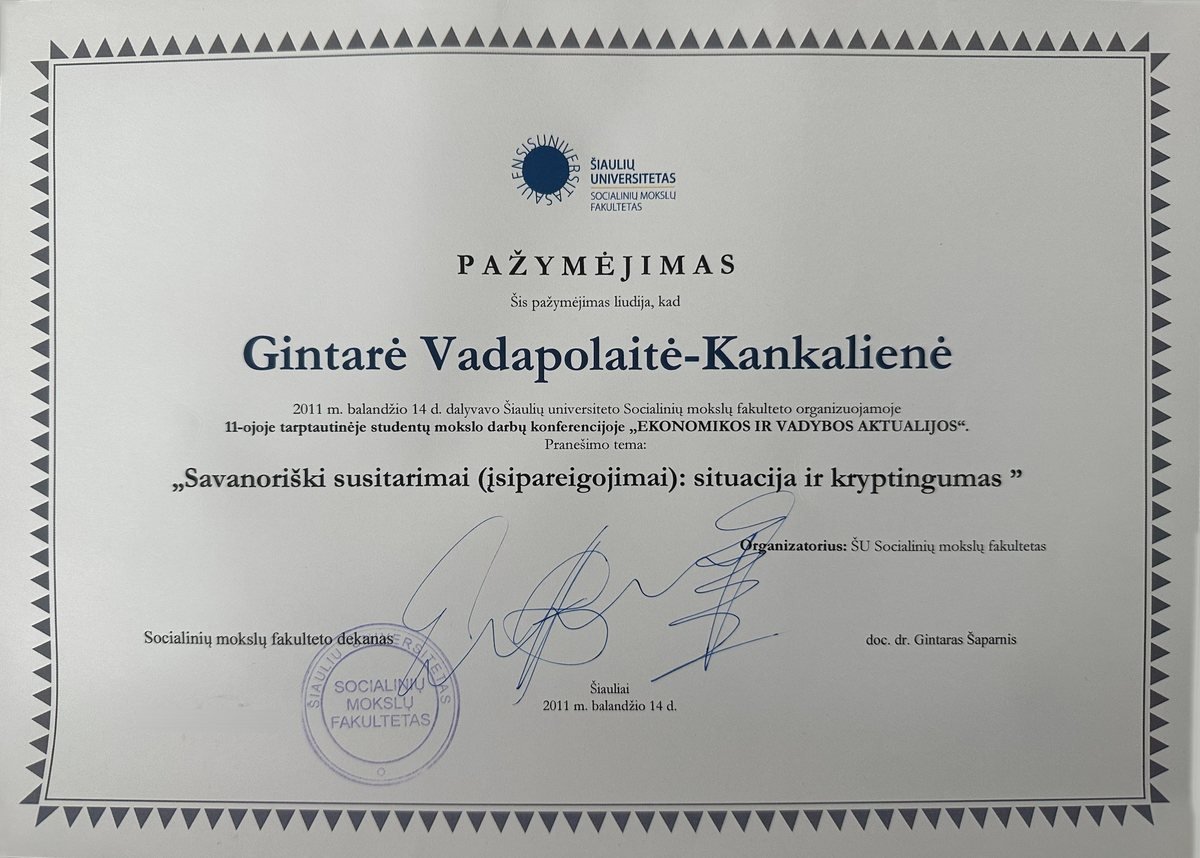 Konferencijos pranešėjos pažymėjimas, 2011 m.