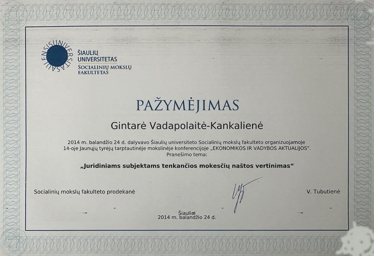 Konferencijos pranešėjos pažymėjimas, 2014 m.